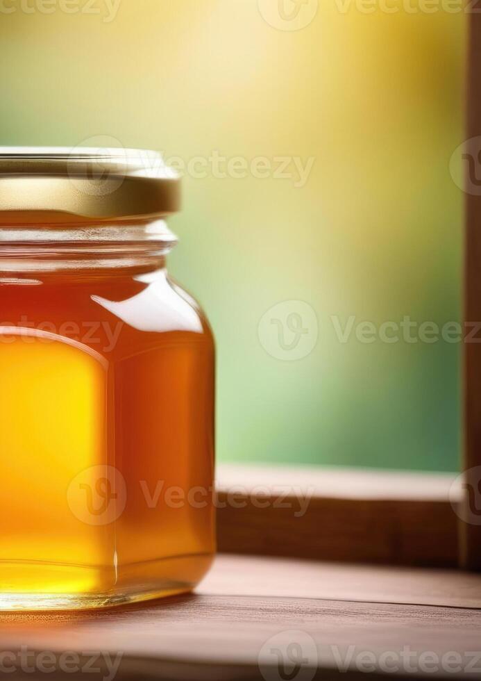 ai generado internacional miel día, mundo abeja día, vaso tarro de miel en un de madera ventana, vertical bandera foto