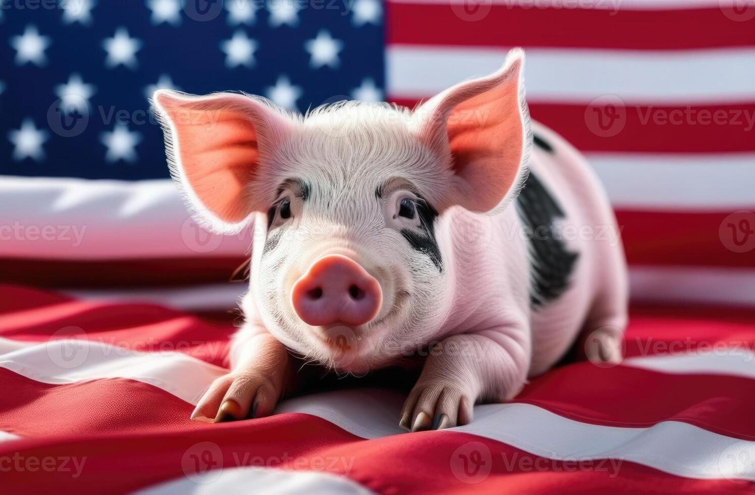 AI generated National Pig Day in the USA, little pig, home farm, agriculture, animal husbandry, American flag photo