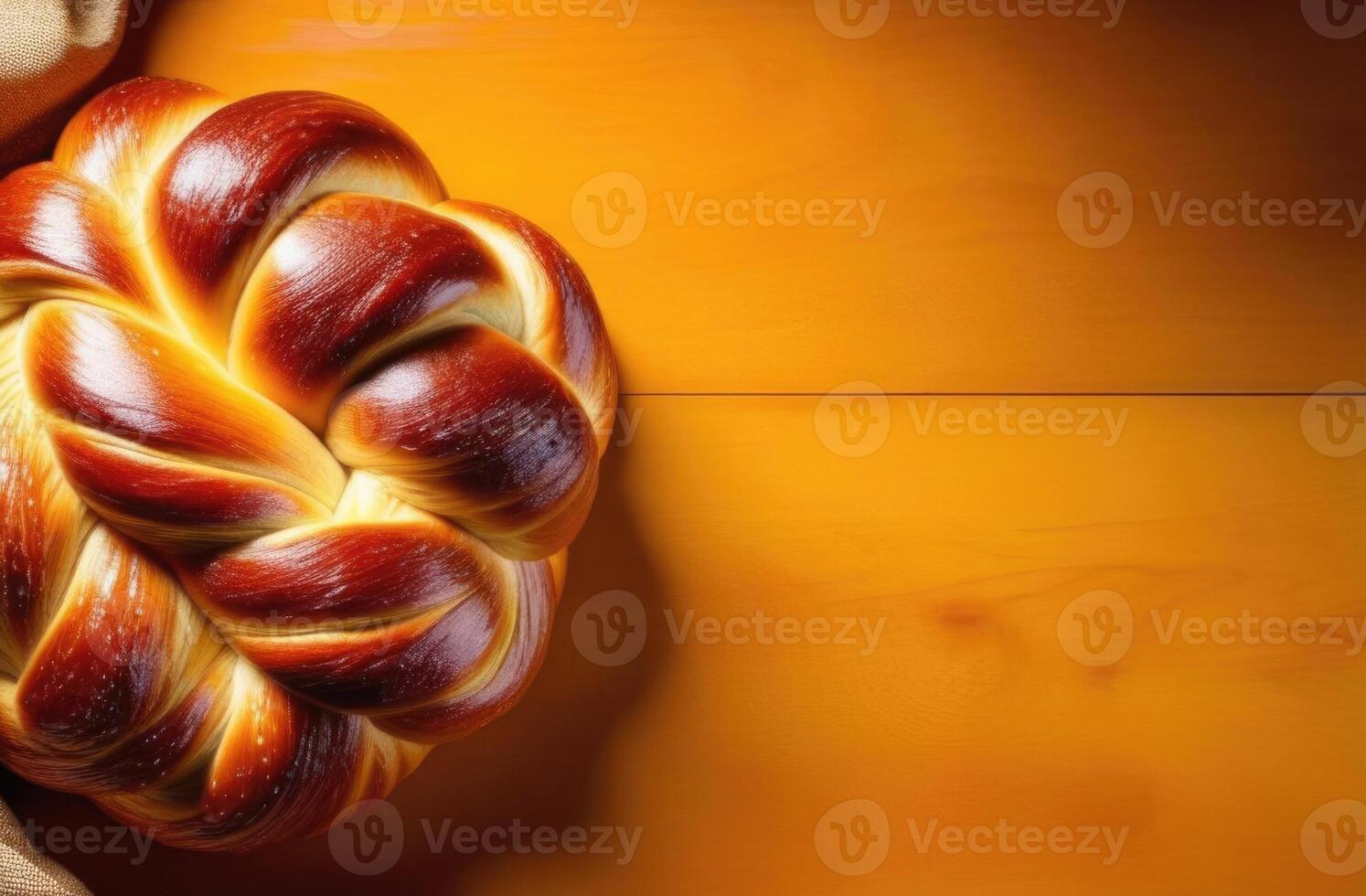 AI generated Purim, traditional Shabbat challah, homemade Braided challah bun, Purim pastries, national Jewish cuisine, traditional Jewish dish, top view, place for text photo