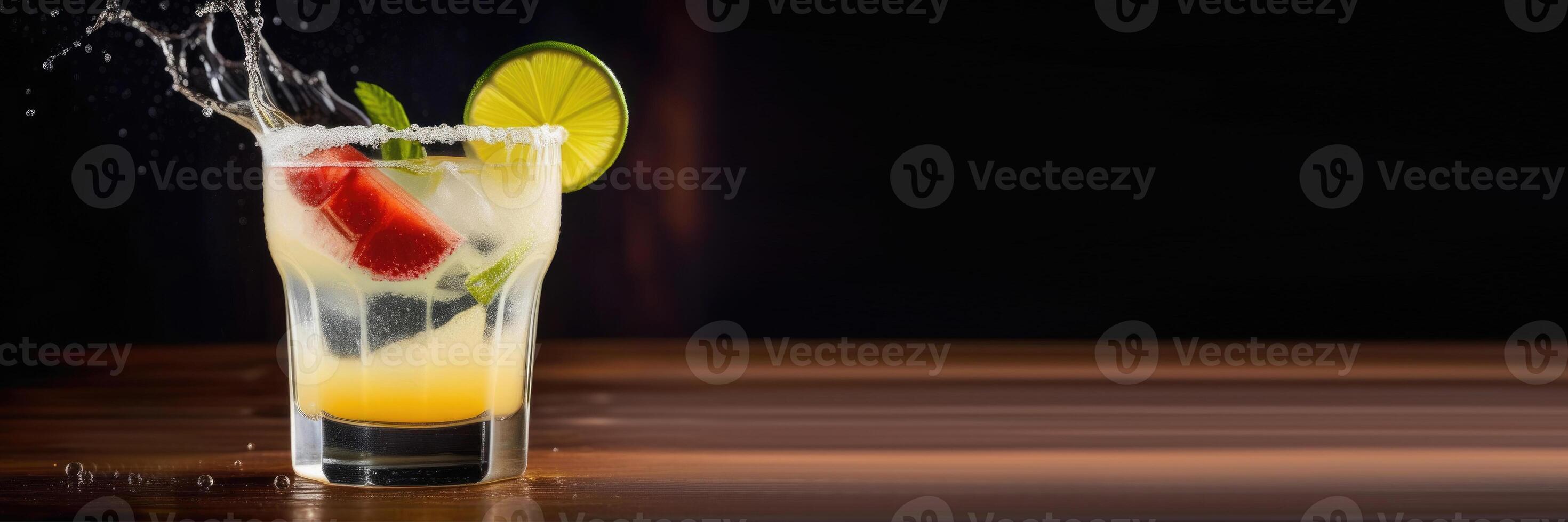 AI generated horizontal web banner, soft drink with ice, summer cocktail with citrus fruits and strawberries, alcoholic margarita cocktail, International Bartenders Day, place for text photo