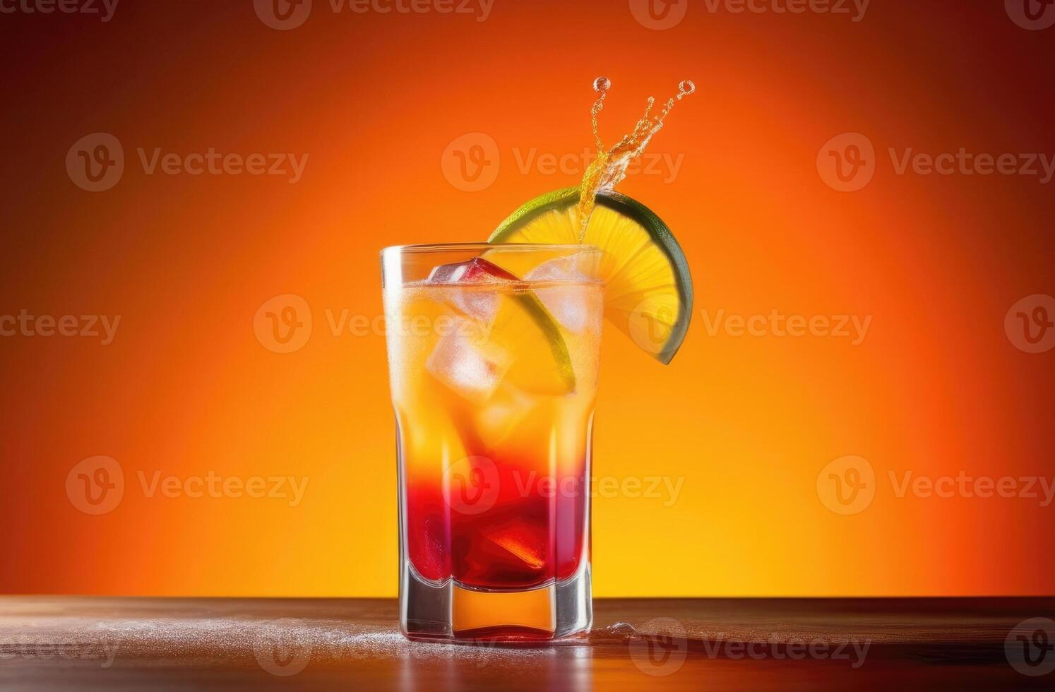 AI generated Tequila Sunrise alcoholic cocktail, soft drink with ice, summer cocktail with grenadine and orange, International Bartenders Day, bright background photo