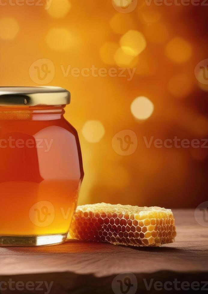 AI generated International Honey Day, world Bee Day, glass jar of honey, honeycombs, bokeh background, vertical banner, place for text photo