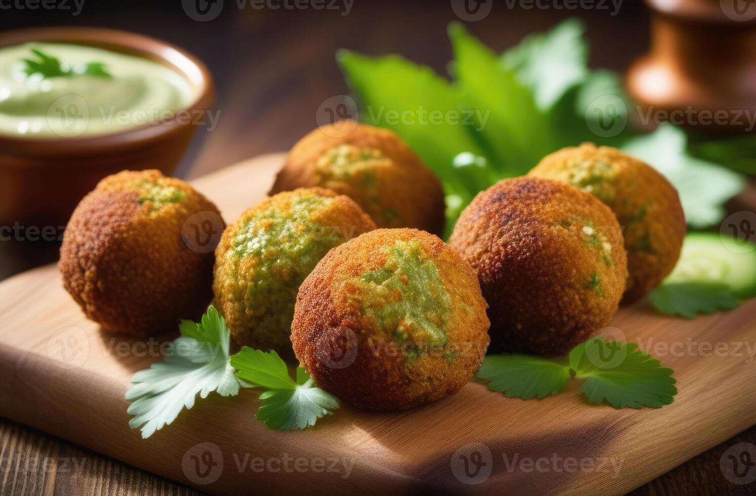 AI generated Purim, national Jewish cuisine, traditional Jewish dish, Falafel and Cucumber Sauce, fried chickpea patties, vegan cuisine photo