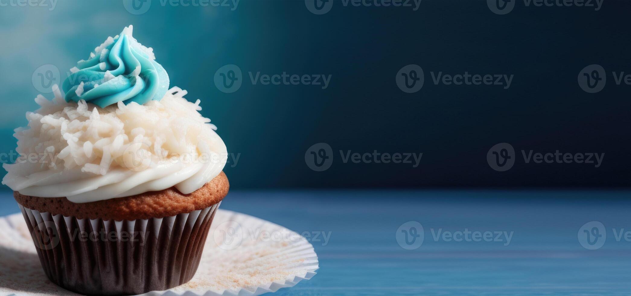 AI generated horizontal banner, chocolate cupcake with coconut, homemade pastries, cake with coconut chips, tropical desserts, place for text photo