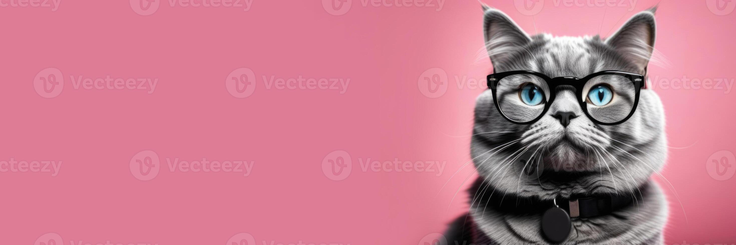 ai generado mundo gato día, grave Doméstico gris gato con anteojos, visión controlar, oftalmología salón, veterinario clínica, rosado fondo, horizontal web bandera, sitio para texto foto