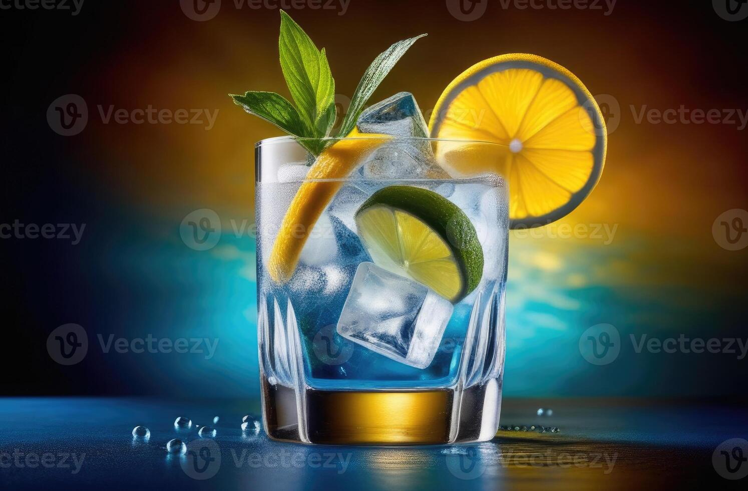 AI generated soft drink with ice, summer cocktail with lime, alcoholic cocktail gin and tonic, International Bartenders Day, dark background photo