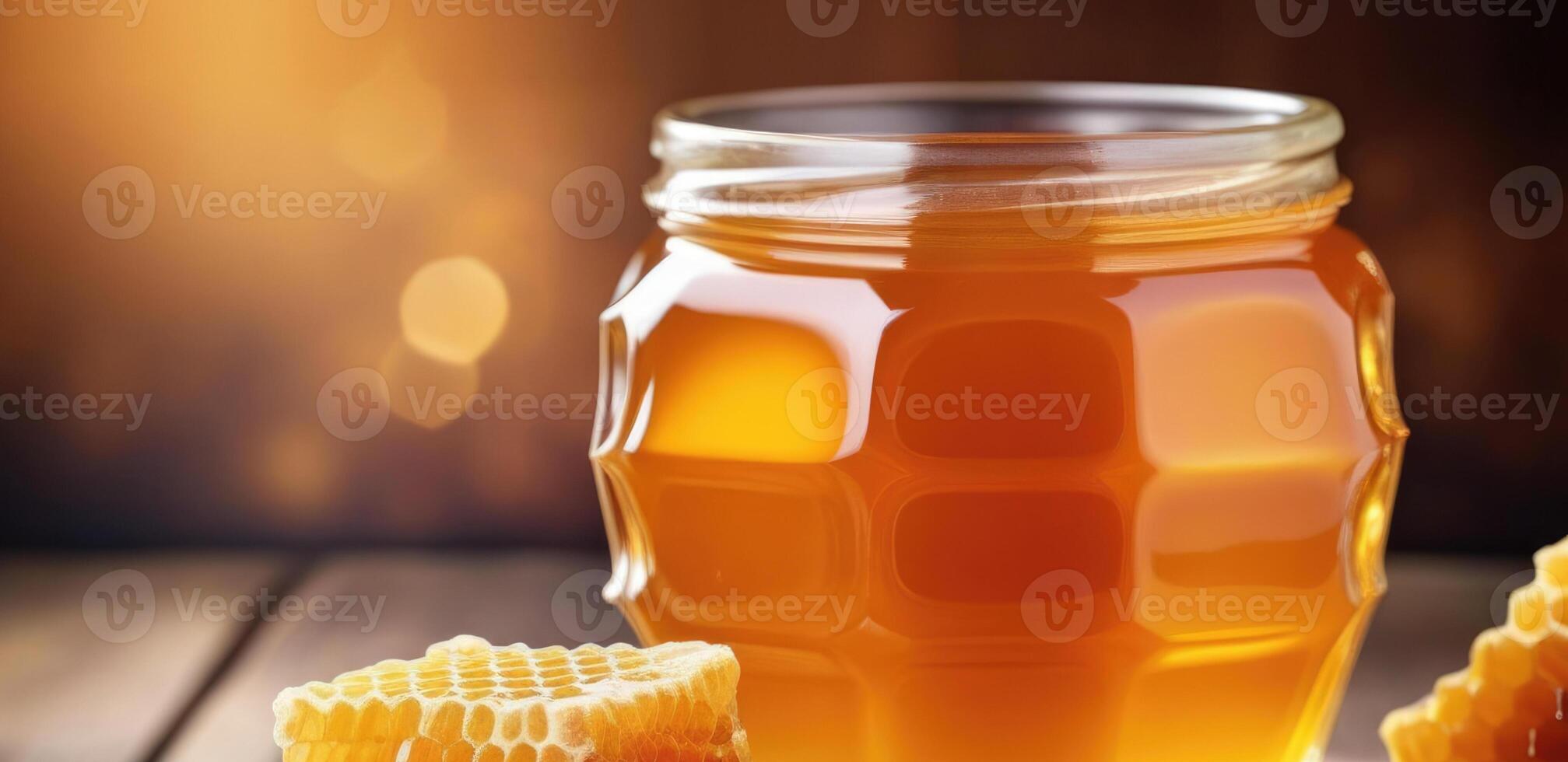 ai generado internacional miel día, mundo abeja día, vaso tarro de Miel, panales, bokeh fondo, horizontal bandera, sitio para texto foto