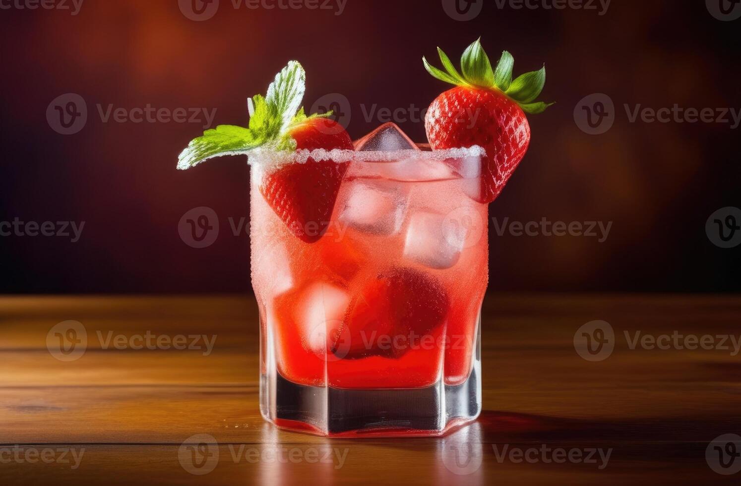 AI generated summer cocktail with berries, soft drink with ice, alcoholic cocktail margarita strawberry, International bartenders Day, dark background, wooden table photo