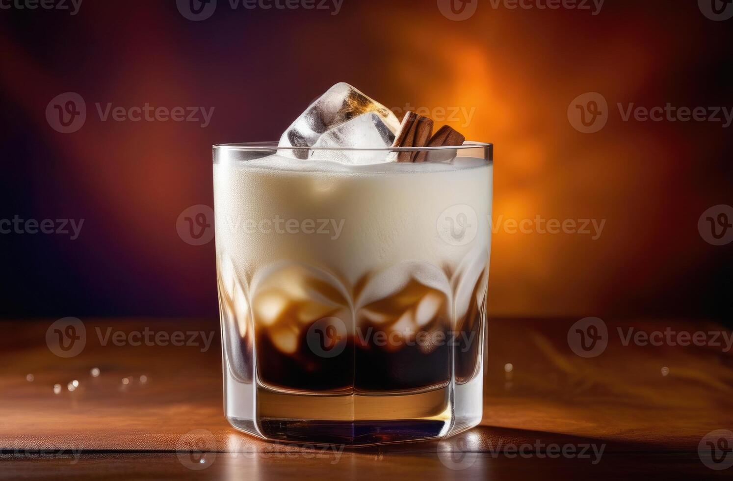 AI generated summer cocktail with coffee and cream, soft drink with ice, white Russian alcoholic cocktail, International Bartenders Day, dark background, wooden table photo