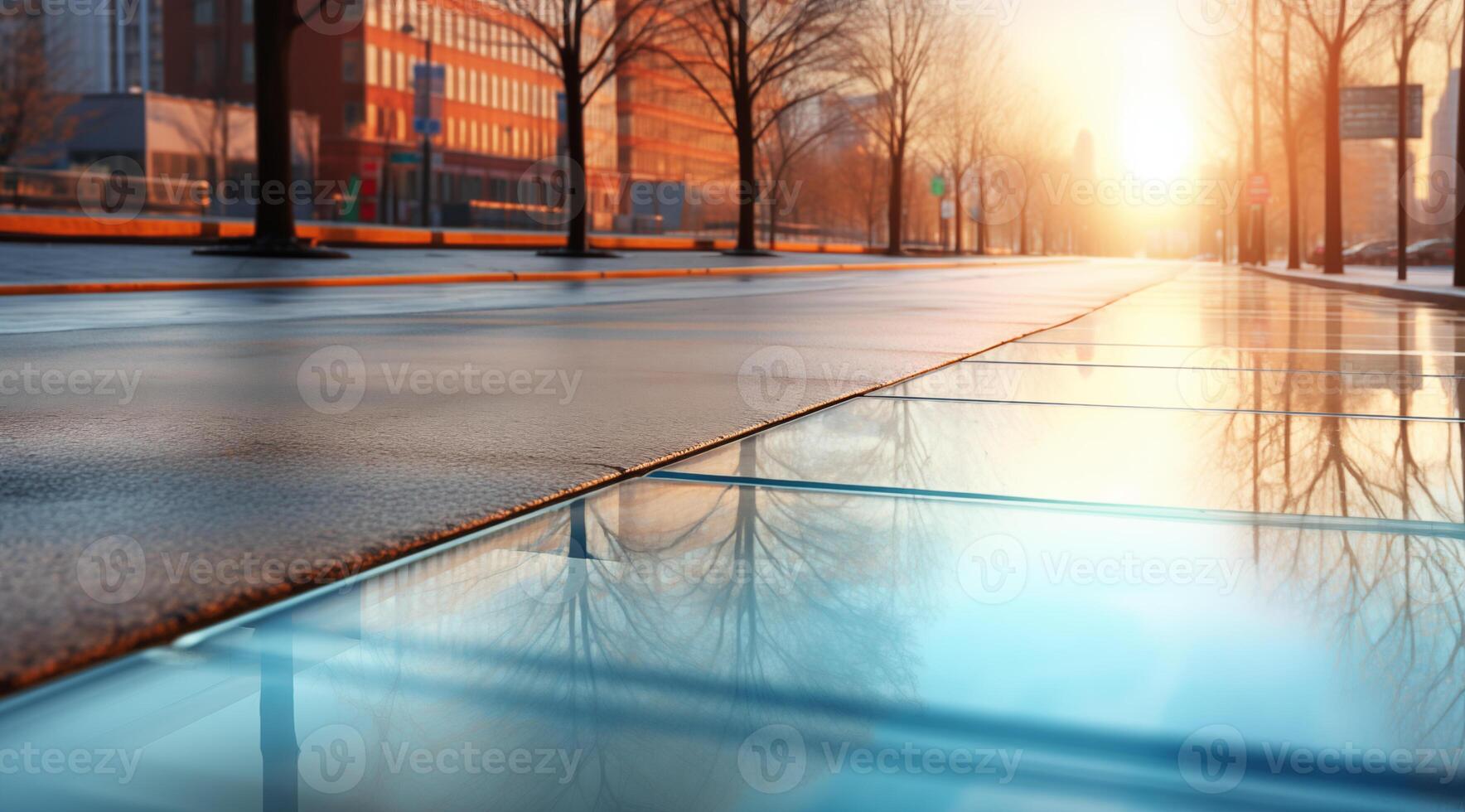 AI generated Reflection of the sun on the glass surface of a pedestrian crossing. photo