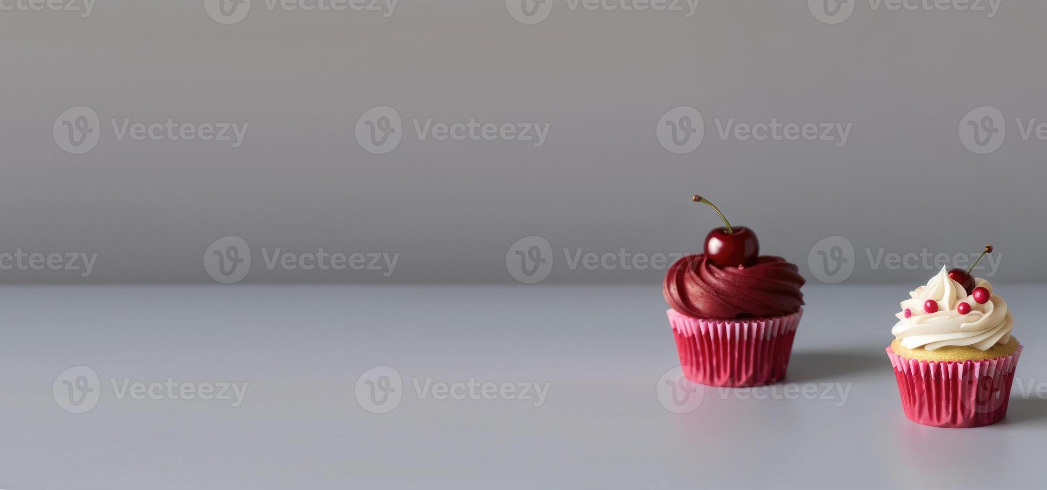 AI generated horizontal banner, classic chocolate cupcake with cherries, homemade pastries, sweet dessert, place for text photo