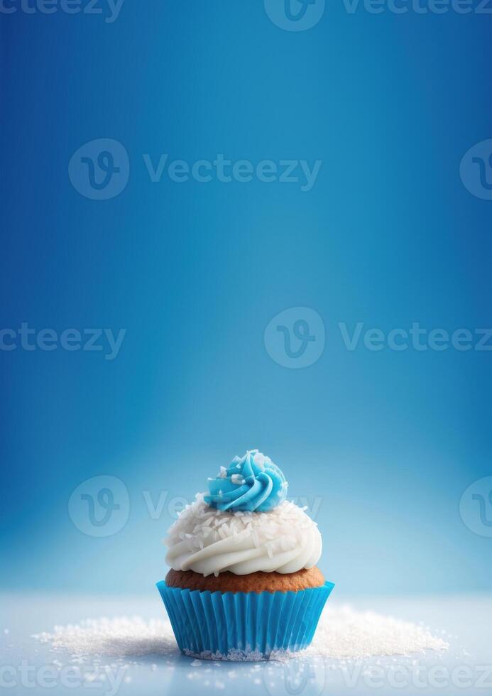 AI generated vertical banner, cupcake with coconut, homemade pastries, cake with coconut chips, tropical desserts, place for text photo