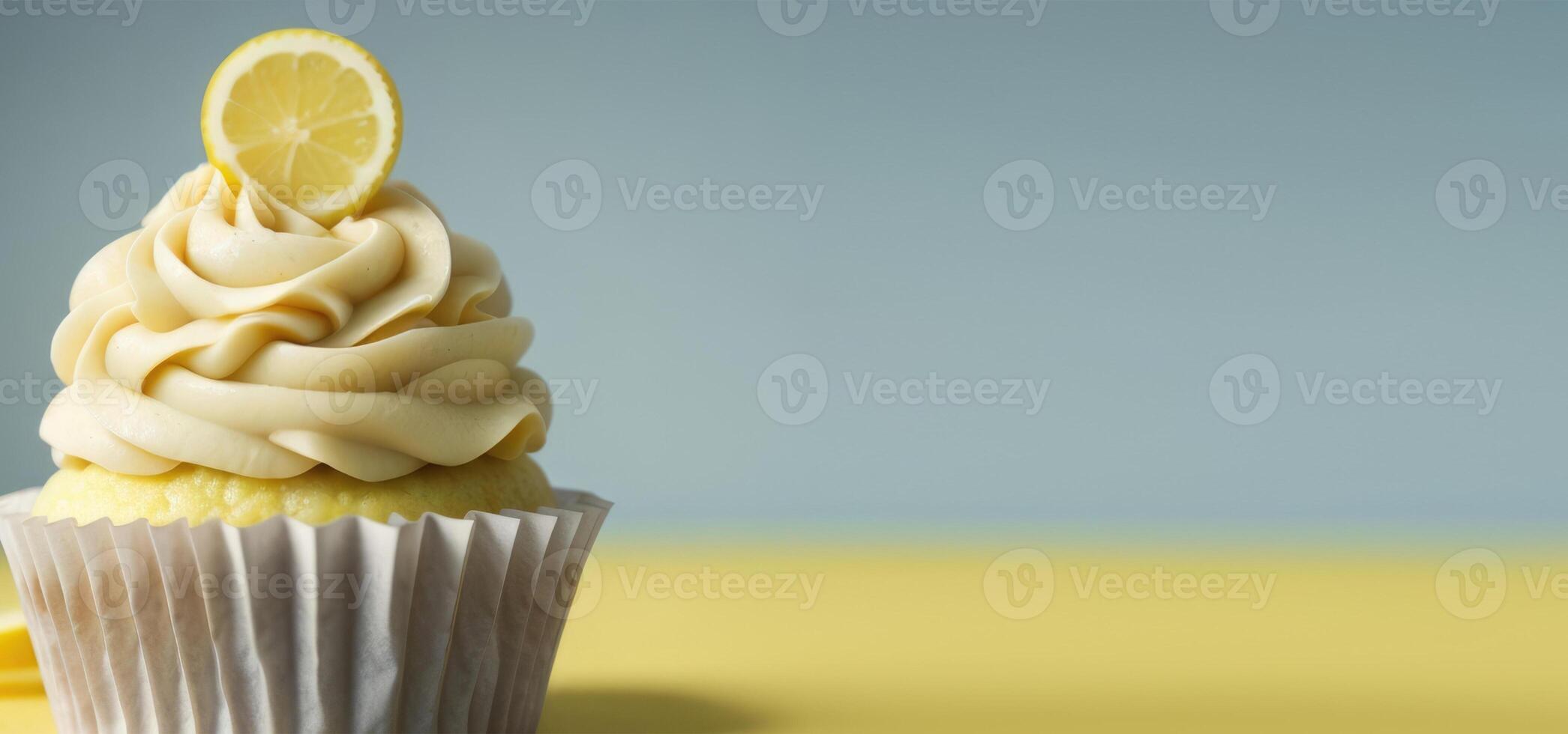 AI generated horizontal banner, lemon cupcake, lime, homemade cakes, citrus dessert, place for text photo