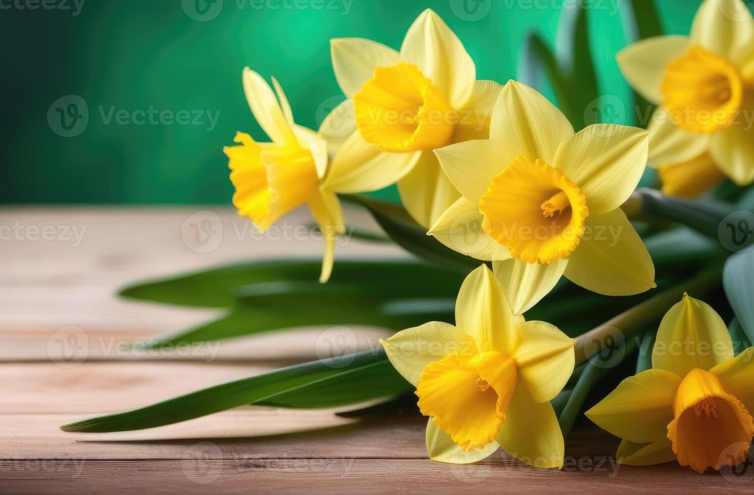 AI generated St. Davids Day, International Womens Day, Mothers Day, spring flowers, bouquet of yellow daffodils, green background, wooden table photo