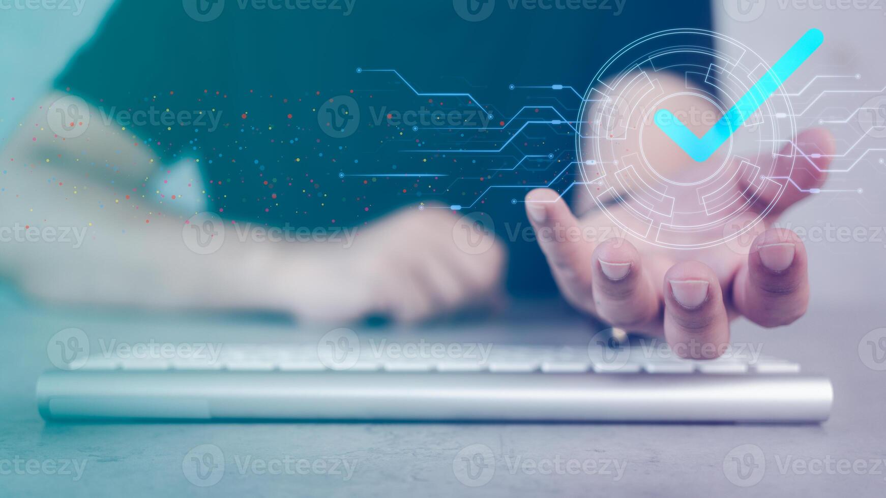 Man hands showing virtual of validation to confirm transaction or approve to access data. photo