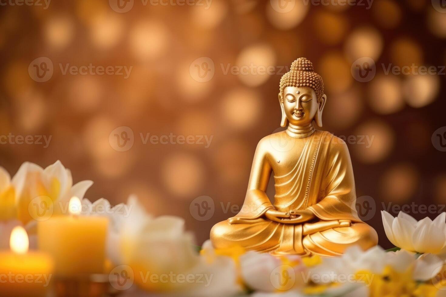 AI generated Mahavir Jayanti, bronze Buddha figure, sacred deity, statuette, candles, lotuses and bokeh effect photo