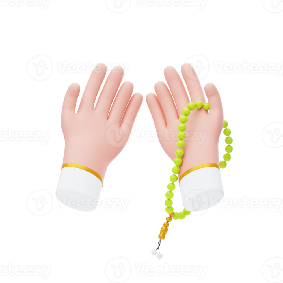 Prayer hands 3d icon. Muslim man hands holding rosary 3d illustration. Ramadan Kareem Concept png
