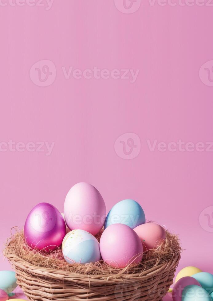 AI generated vertical banner, Easter, painted multicolored eggs in a basket, a wicker basket on a pink background, a birds nest, a place for text photo