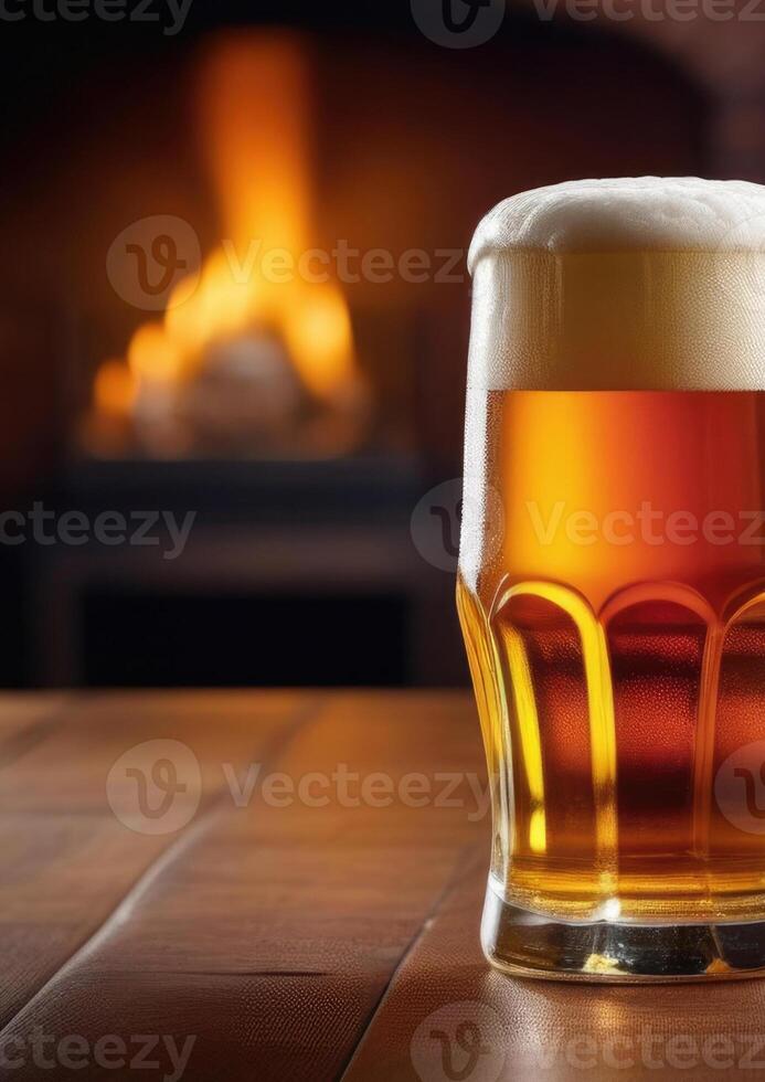 AI generated vertical banner, National beer day, glass of foamy beer on the table, cozy bar, fireplace photo