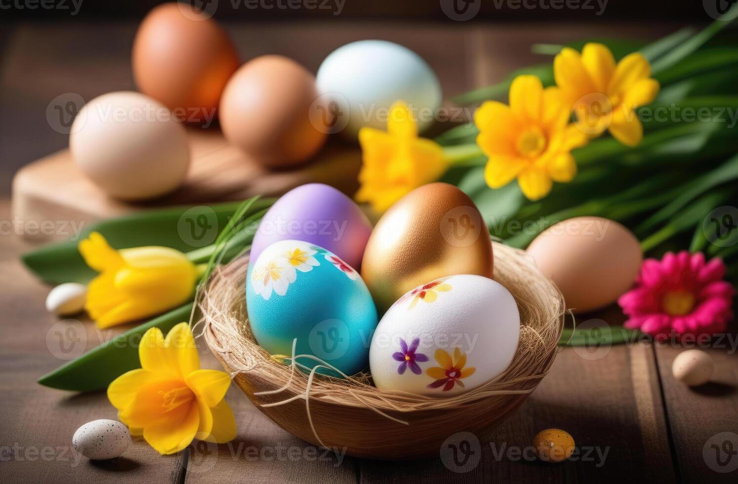 AI generated Easter, a basket with colored eggs, a nest, traditional treats and dishes, spring flowers photo