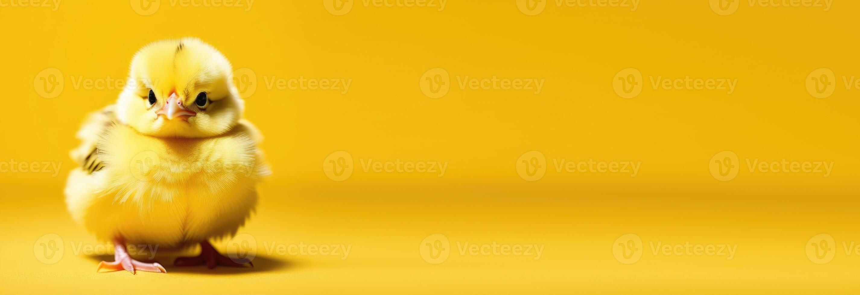 AI generated horizontal banner, easter, funny Easter chicken, yellow chick, pet bird, place for text photo