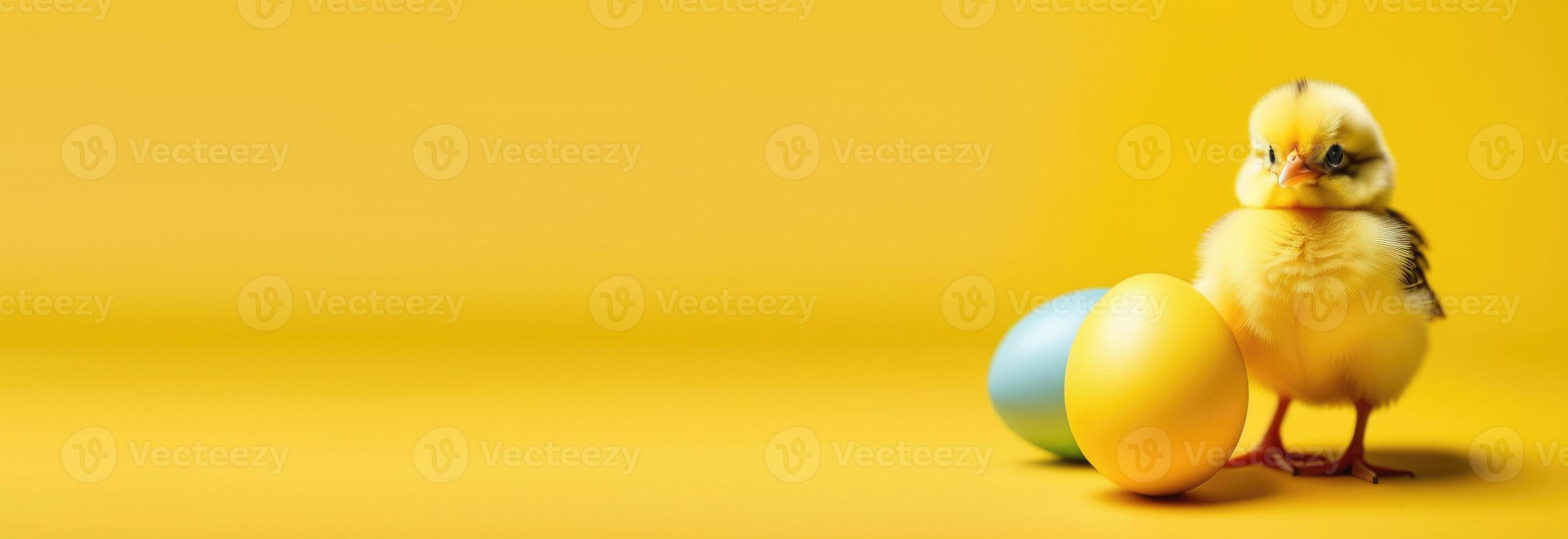 AI generated horizontal banner, Easter, funny Easter chicken, yellow chick and colorful painted eggs, pet bird, place for text photo