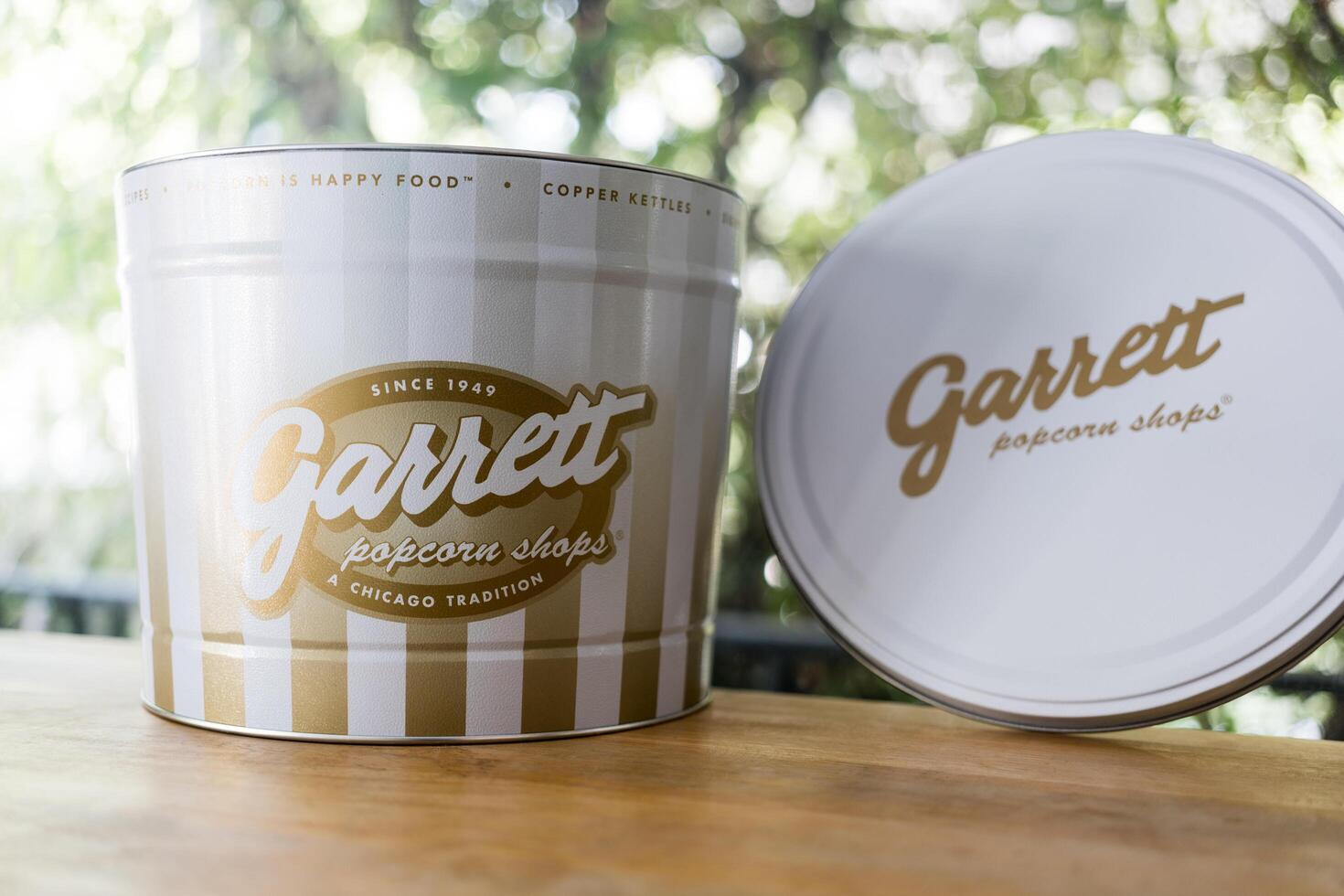 Bangkok, Thailand - January 24, 2024 A big large size bucket for popcorn from Garrett Popcorn. Founded in Chicago. photo