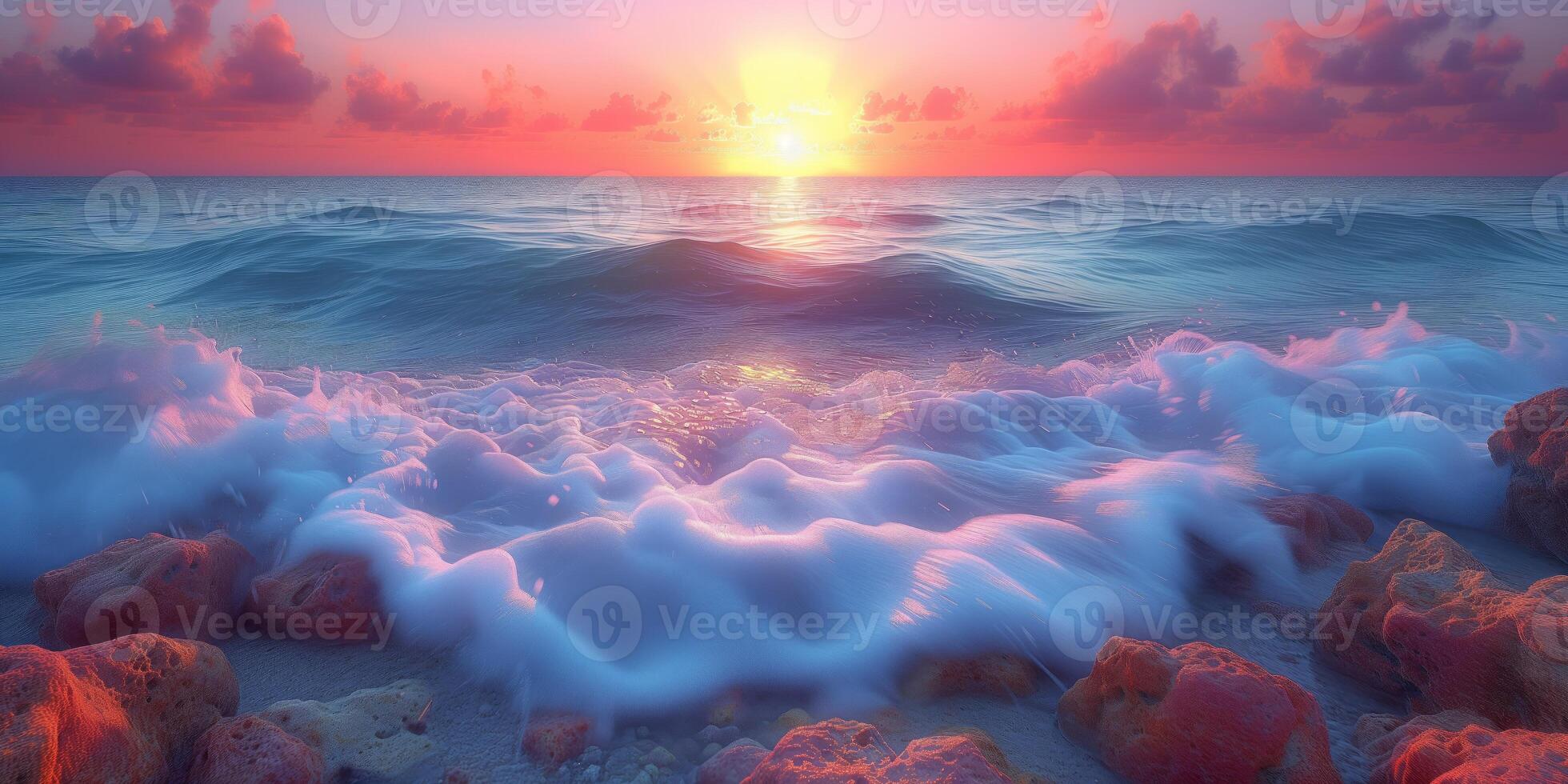 AI generated Painting of a Vibrant Sunset Casting a Warm Glow Over the Ocean photo