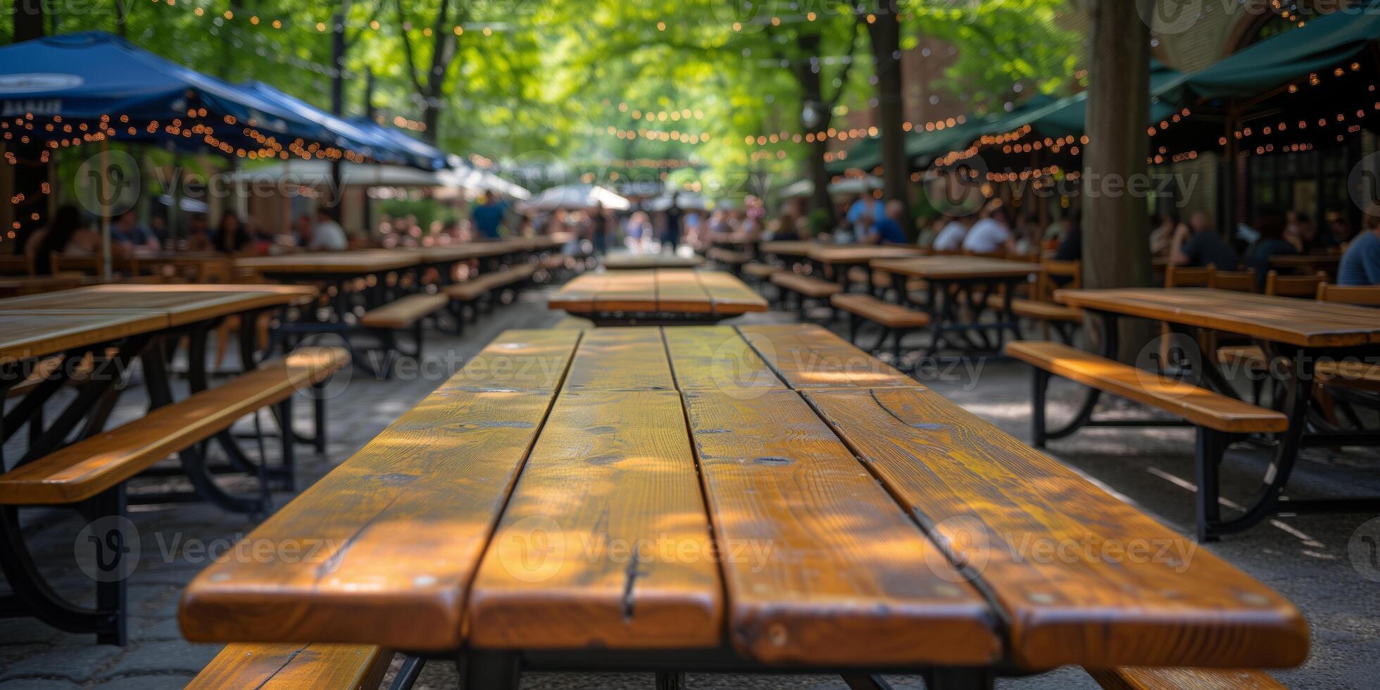 AI generated A Row of Wooden Picnic Tables in a Park photo