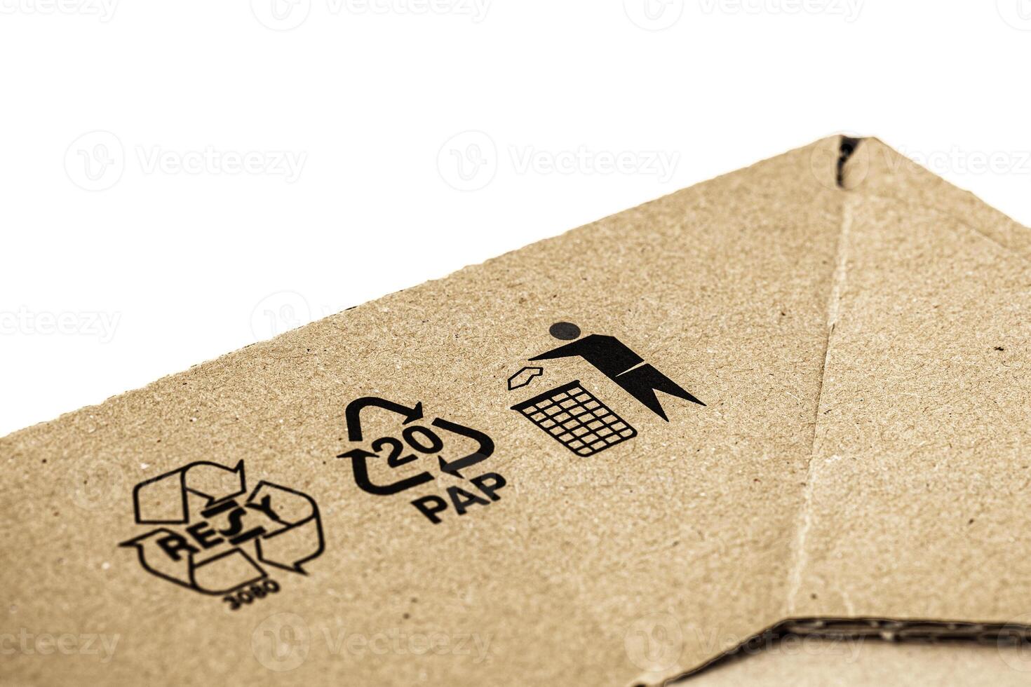 Closeup of a box made with recycled materials with RESY and recycling symbols photo