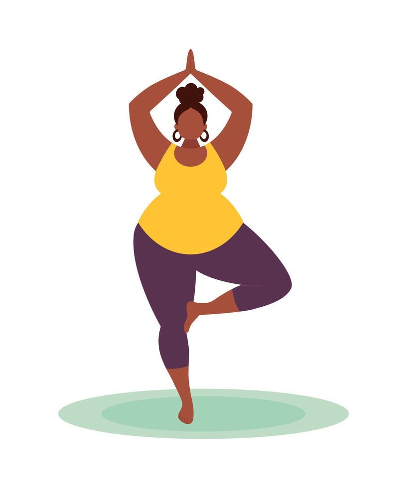 Plus Size Black Woman Practicing Yoga. The Tree Asana. Body Positivity and Inclusion. Mental Health, Mindfulness, and Physical Activity. Vector Illustration, Flat Design