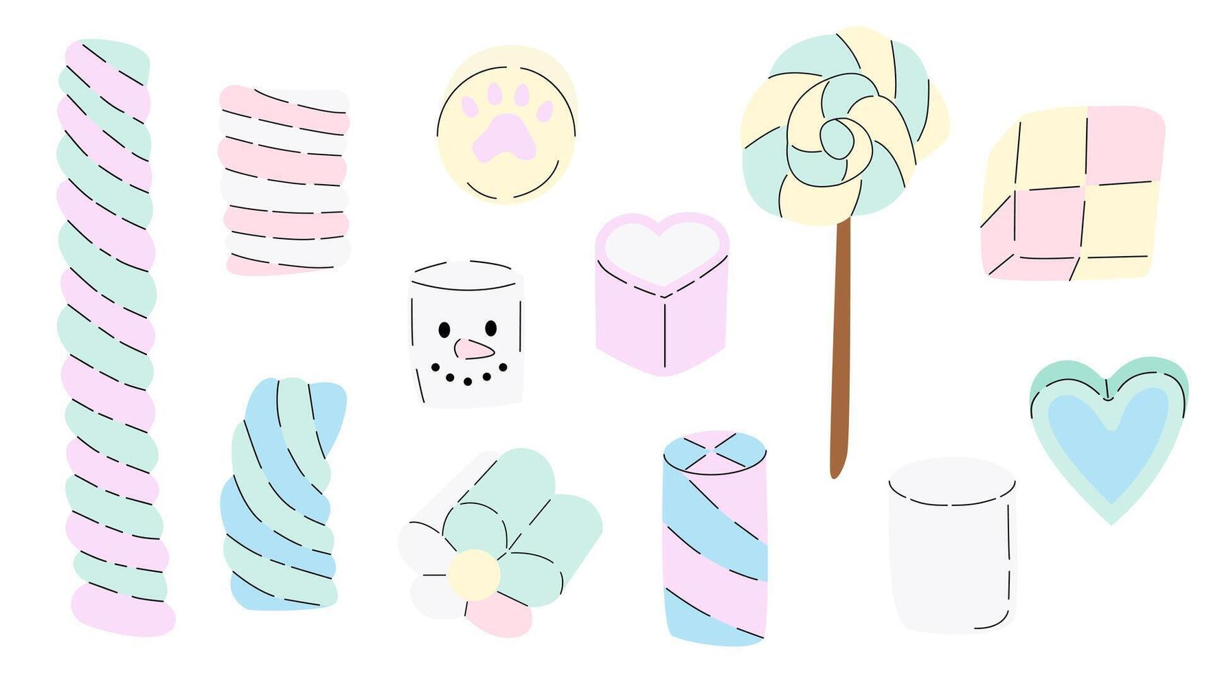 Set of different types of marshmallows in flat style. Lovely sweets for Valentine's Day. Pastel candies set. Hand drawn vector illustration.