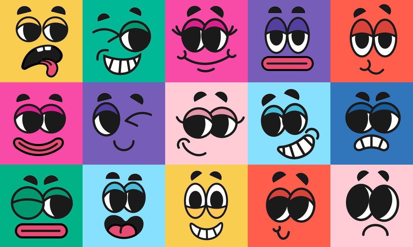 Various faces with different emotions in groovy style. Cartoon facial expressions. Colorful set of avatar designs. Mouth and eyes of doodle characters. Set of vector illustrations