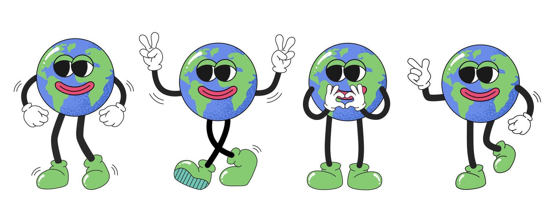 tierra caracteres en de moda retro dibujos animados estilo. conjunto de globo caracteres en maravilloso retro estilo. gracioso vector mascota de planeta tierra. vector ilustración aislado en blanco antecedentes.