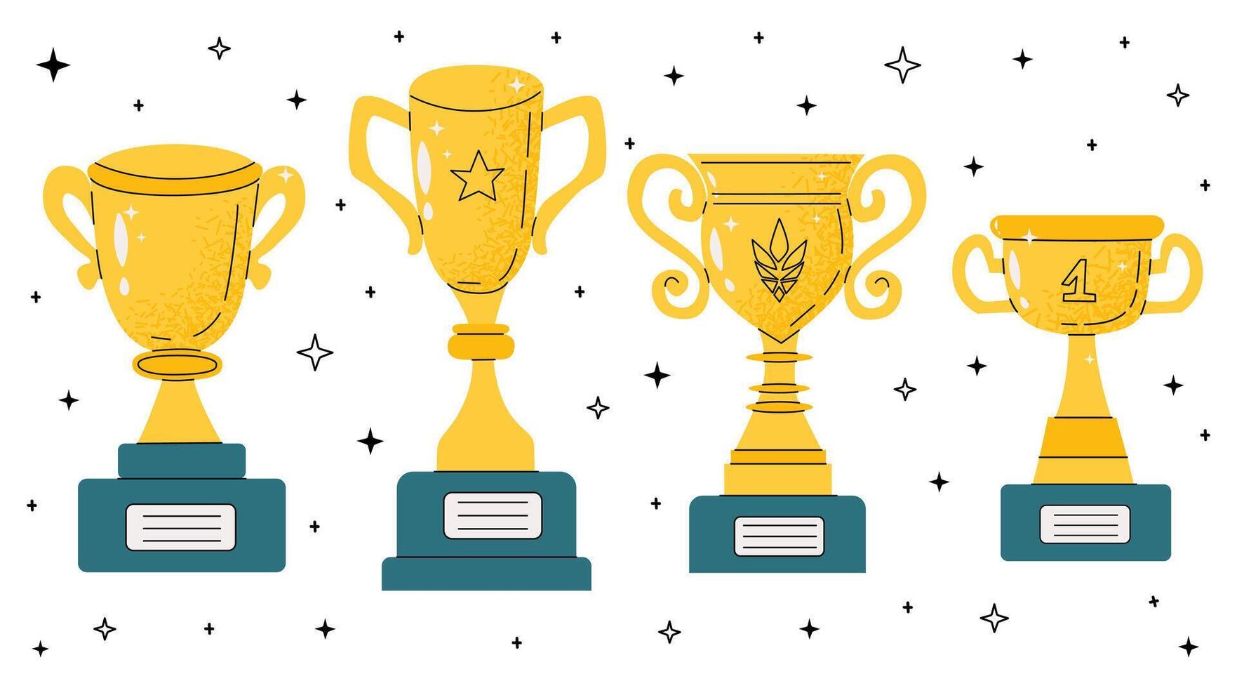 Awards and cups for victory in cartoon style. Champion cup and prizes in retro flat style. Hand drawn award decorative icons. Vintage trophies, first place award. vector