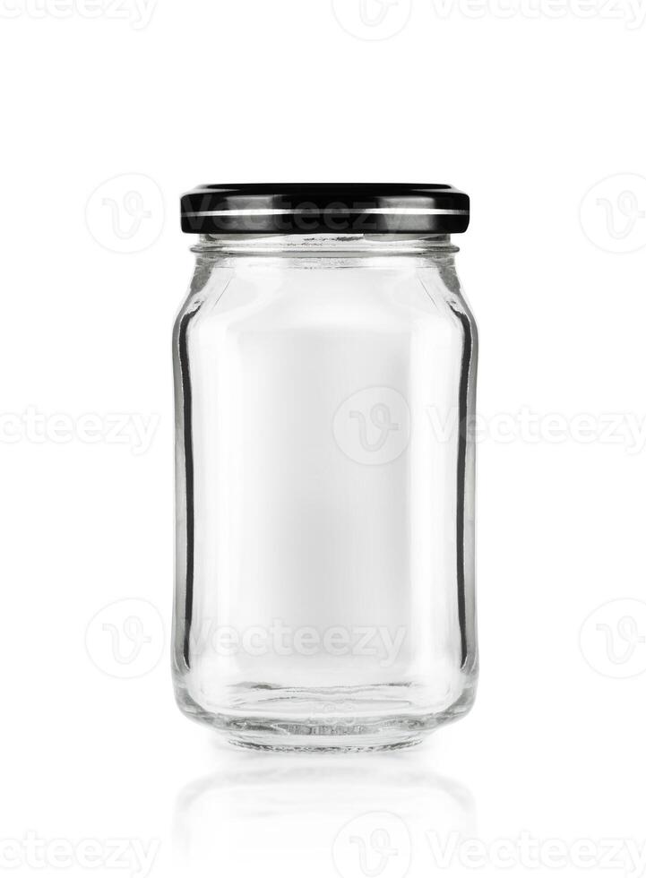 Empty jar with black cap isolated on white photo