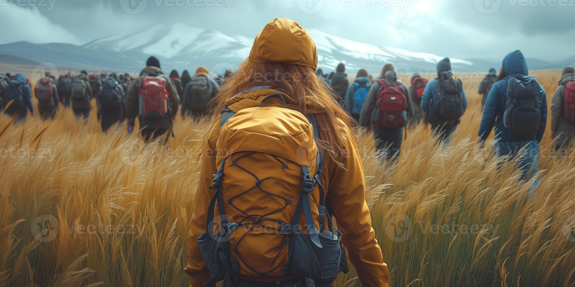 AI generated Large Group of People Walking Through Field photo