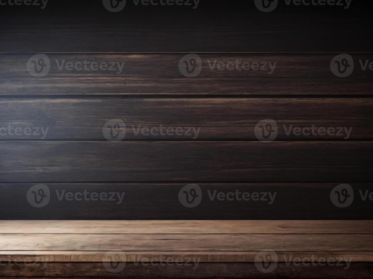 AI generated Empty vintage wood table on dark wood wall background, Empty space for display your products photo