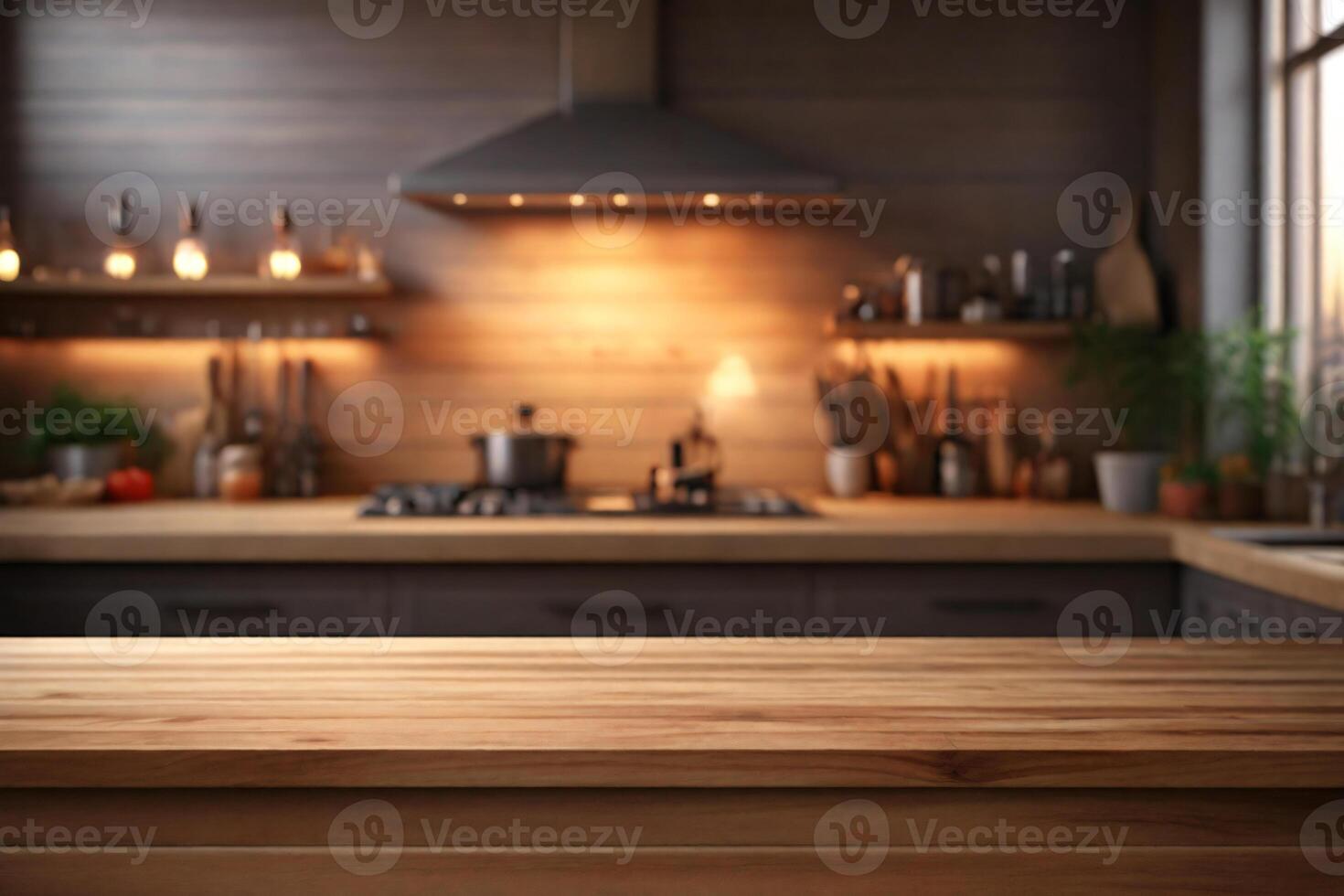 AI generated Empty wooden table with blurred brown kitchen background, idea for displaying product photo