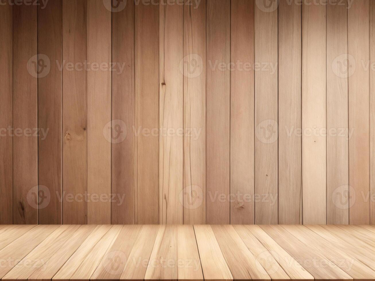 AI generated Empty and clean wood table on wooden wall panels background photo