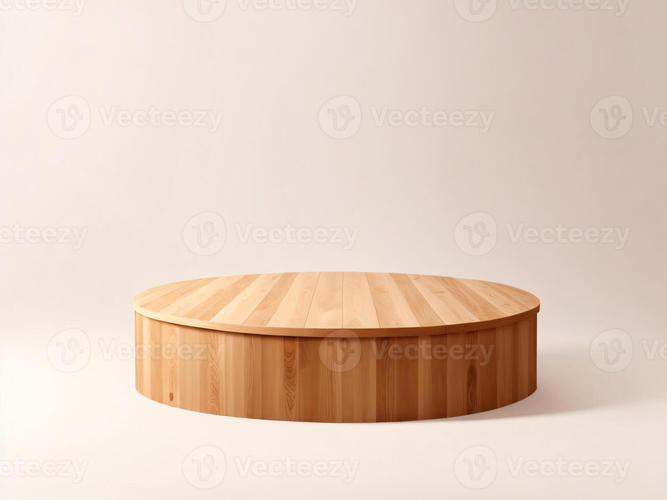 AI generated Round wooden podium for food products or cosmetics against bright brown background photo