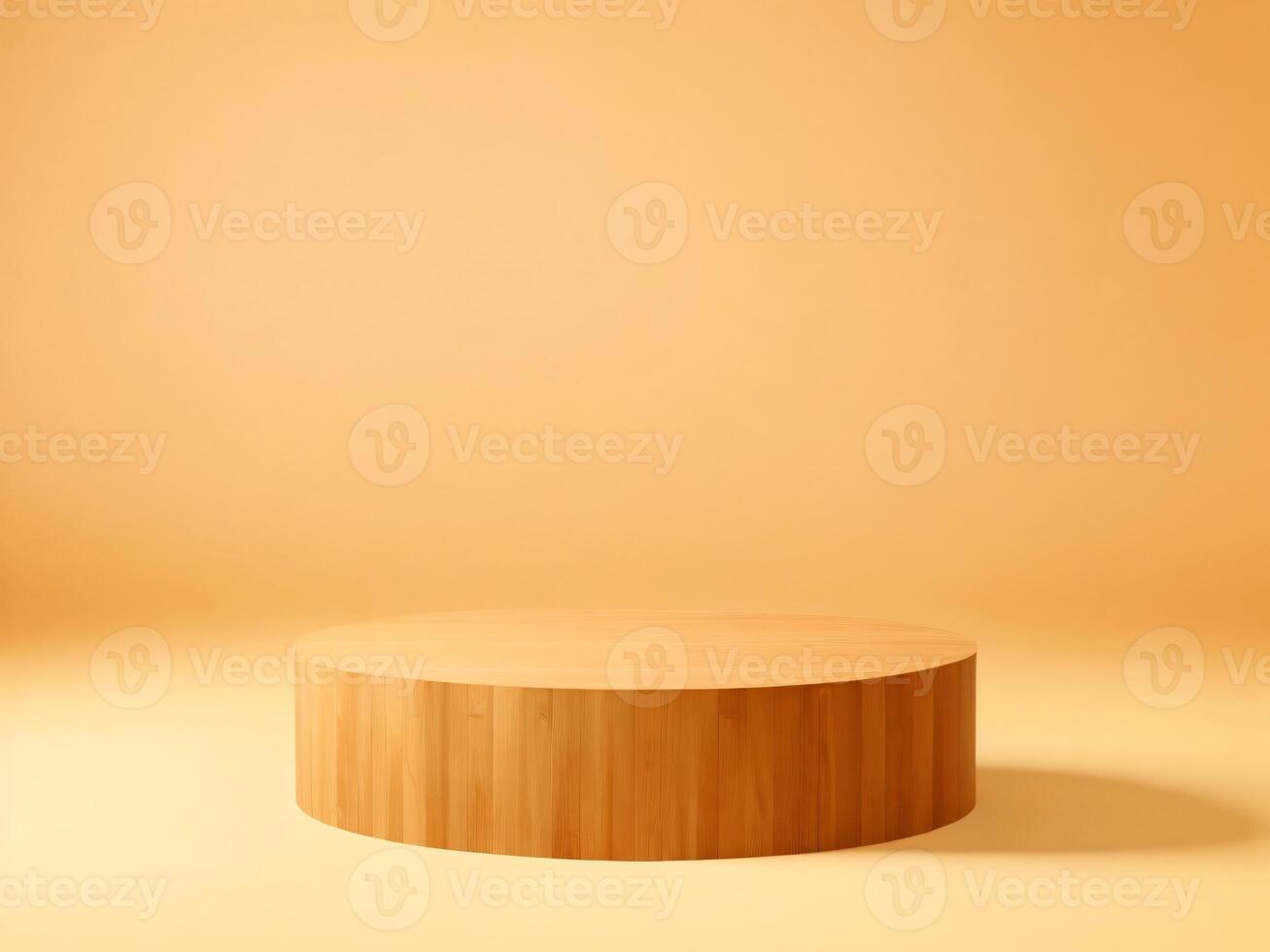 AI generated Round wooden podium on beige background for product presentation photo