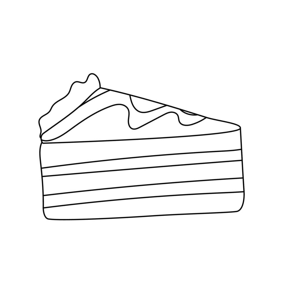 Slice of birthday cake with cream, doodle black and white vector illustration of a piece of sweet treat. Dessert for the holiday, linear art, sweet tooth, coloring page.