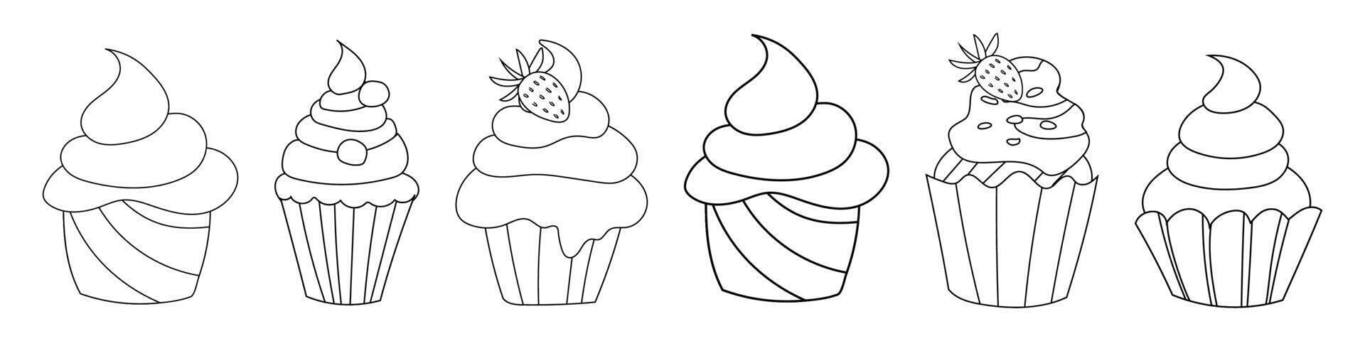 Set of cute doodle cakes, cupcakes in black and white, vector illustration, sweet table, cream muffins for holidays, birthday and weddings, decoration of holiday invitations.