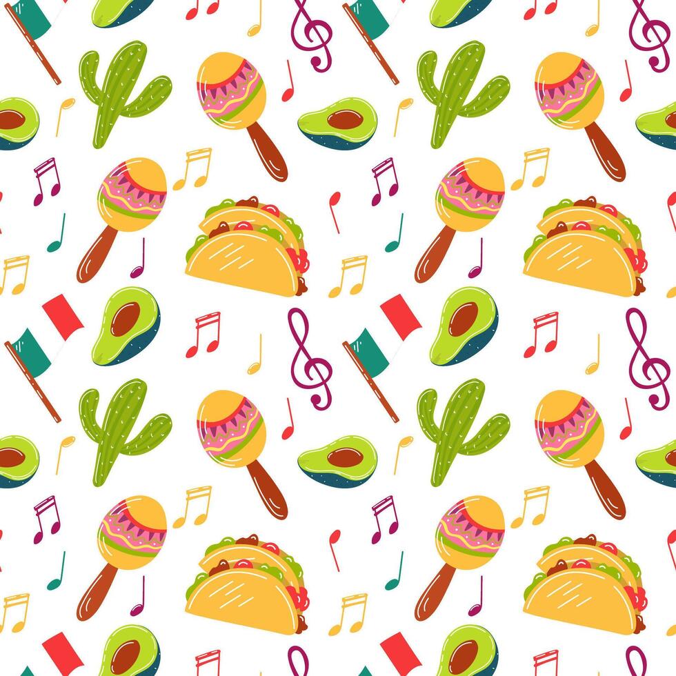 Mexican food music, background with Mexican motifs, traditions and Mexican food. Mexican pattern, seamless avocado pattern, maracas, cactus, flag, and tacos. vector