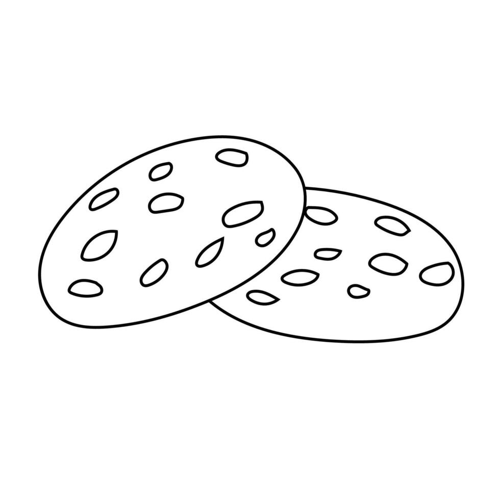 Doodle cookie illustration, oatmeal cookies with chocolate, black line, isolated on white. Sweets, treats. vector