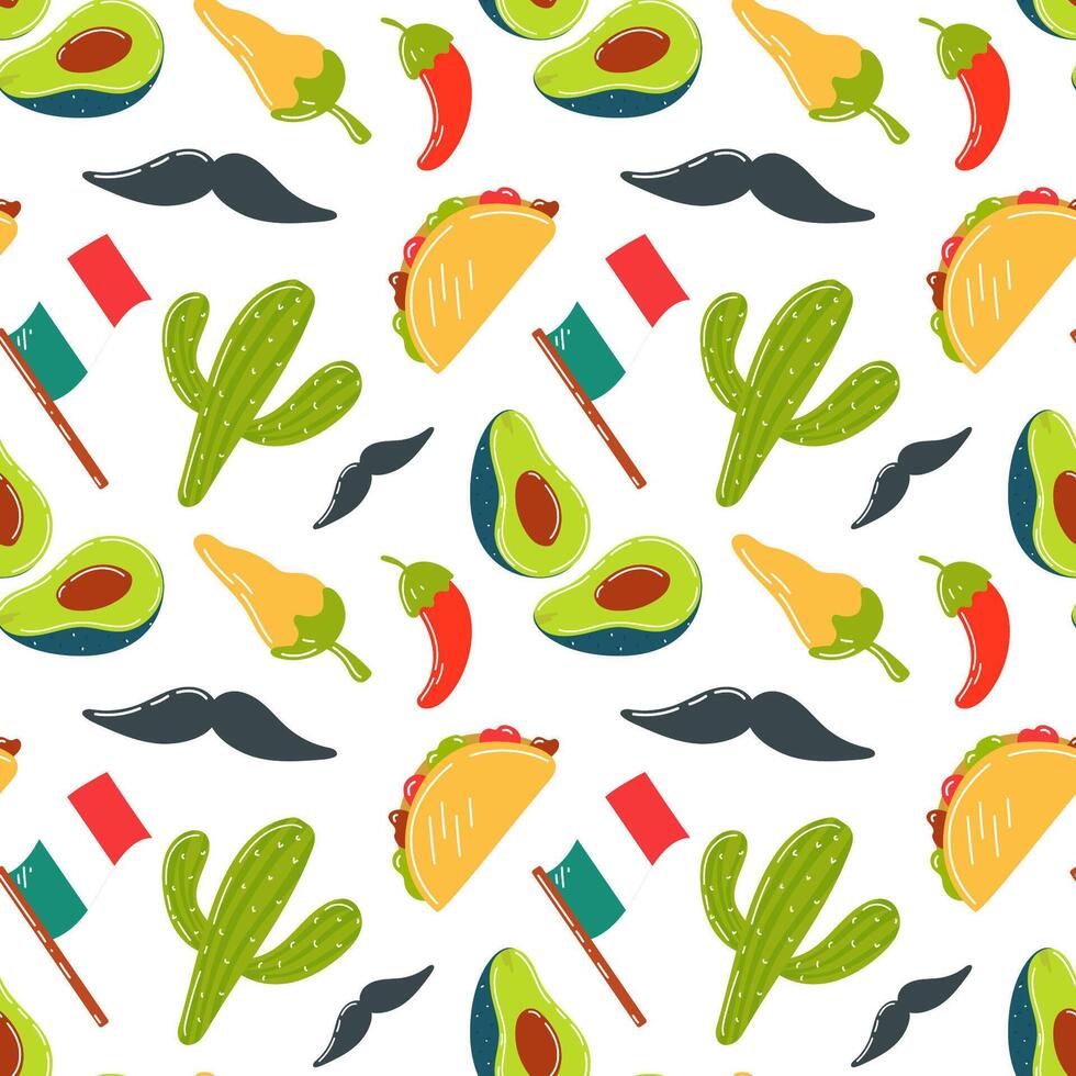Mexican food, background with Mexican motifs, traditions and Mexican food. Mexican pattern, seamless avocado pattern, flag, cactus, pepper chili, tacos and mustache. vector