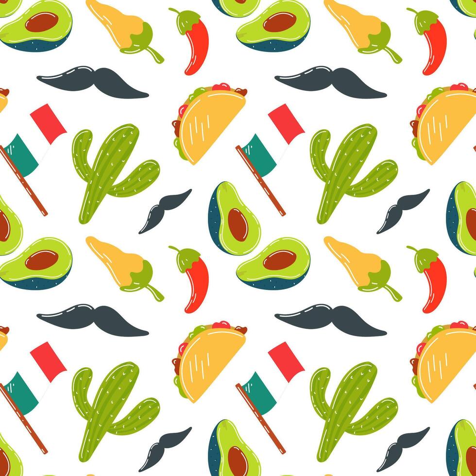 mexicano alimento, antecedentes con mexicano motivos, tradiciones y mexicano alimento. mexicano patrón, sin costura aguacate patrón, bandera, cactus, pimienta chile, tacos y Bigote. vector