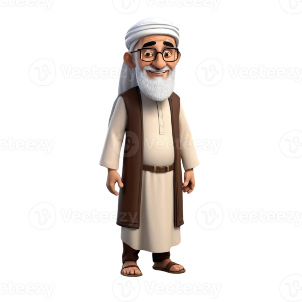 AI generated 3d render of a muslim old man on isolated transparent background png, generated with AI png