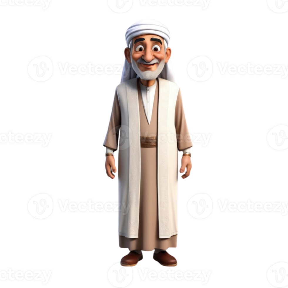 AI generated 3d render of a muslim old man on isolated transparent background png, generated with AI png